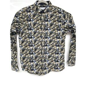 John Lennon Shirt Mens Medium Camo Blue Beige Button Up Long Sleeve Patterned